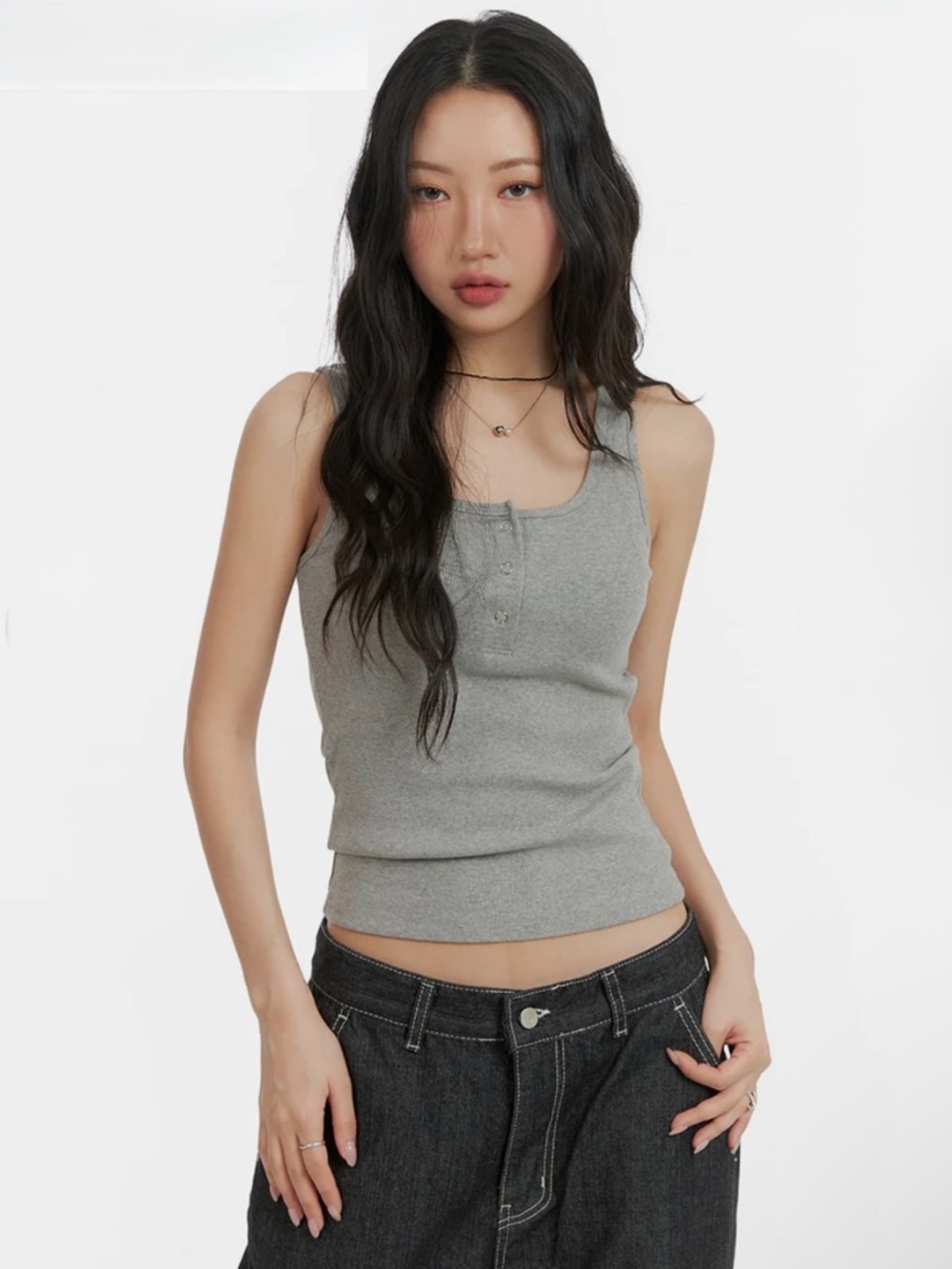 Cotton Emporium Women's Ribbed Scoop Tank with Button Placket 3 button up size M